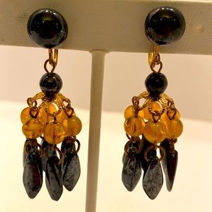 Vintage Dangling Screw On Earrings Black Stones and Amber Stones